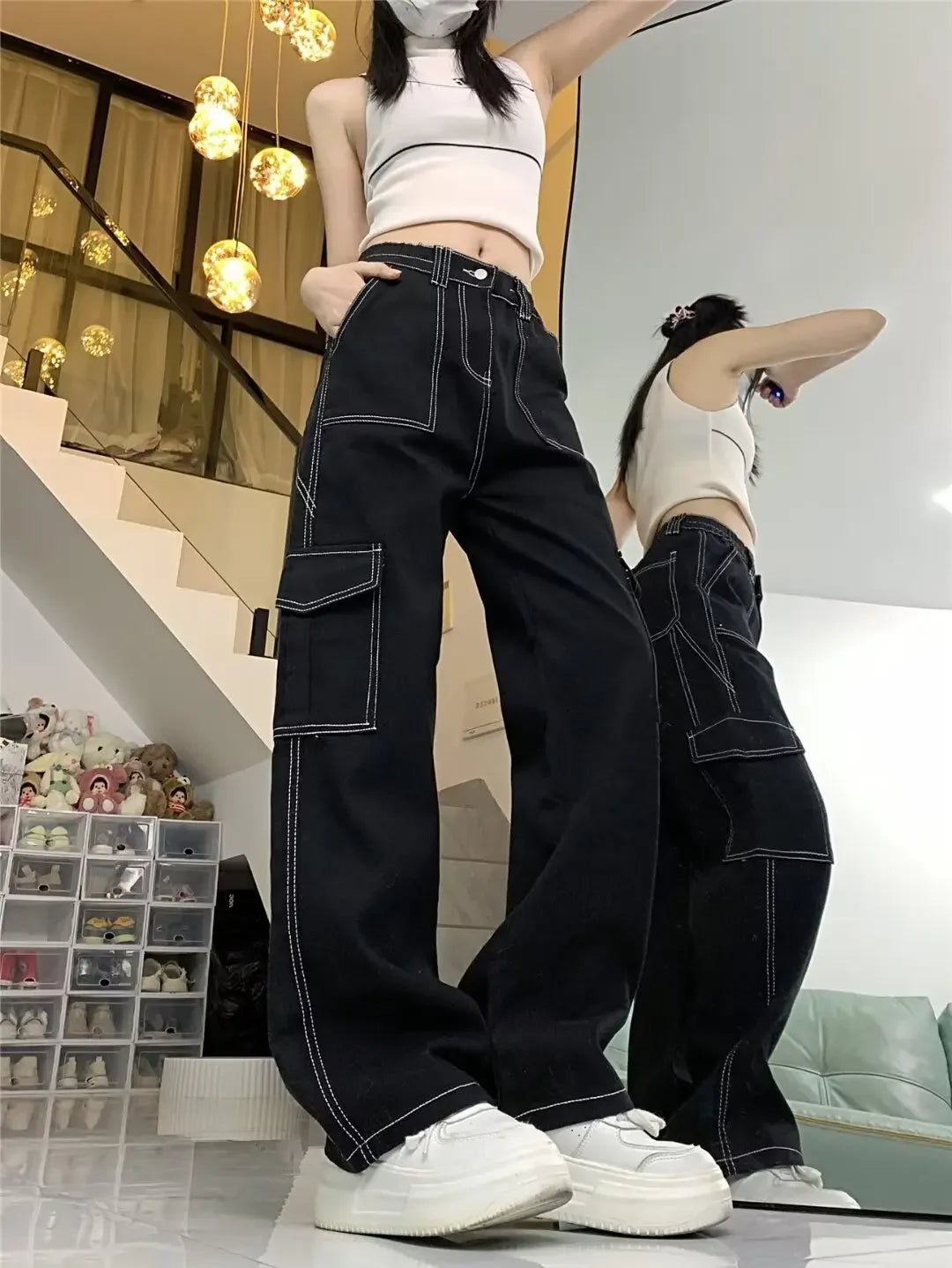 Amoura Elegance Women's 2024 Straight-Leg Loose-Fit High-Waisted Cargo Pants – Slimming, Petite-Friendly Wide-Leg Design for Spring & Autumn/Winter
