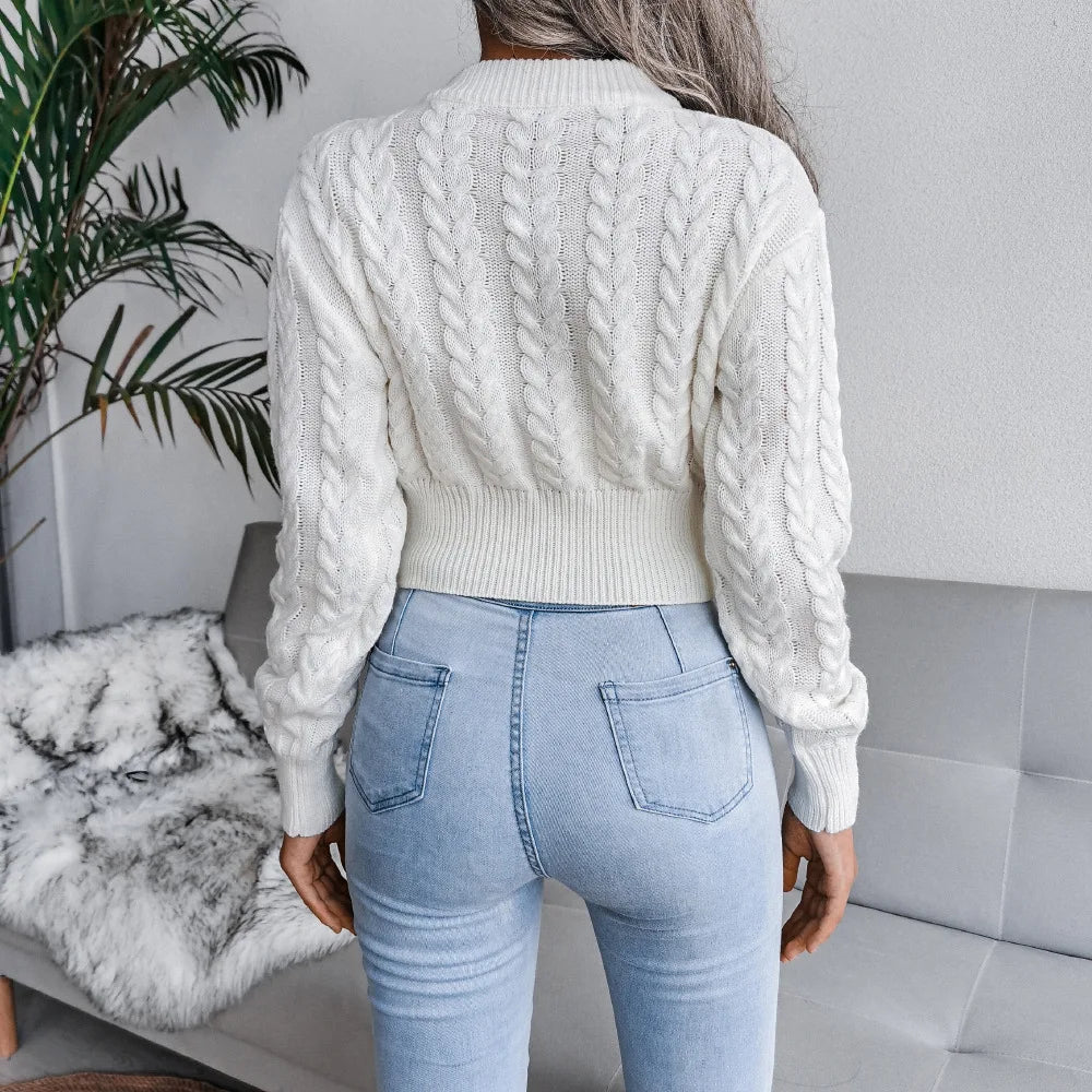 Amoura Elegance Women’s 2024 Autumn/Winter Twist Knitted Pullover – Solid Color Crew Neck, Long-Sleeve Sexy Babes Waist-Fitting Sweater