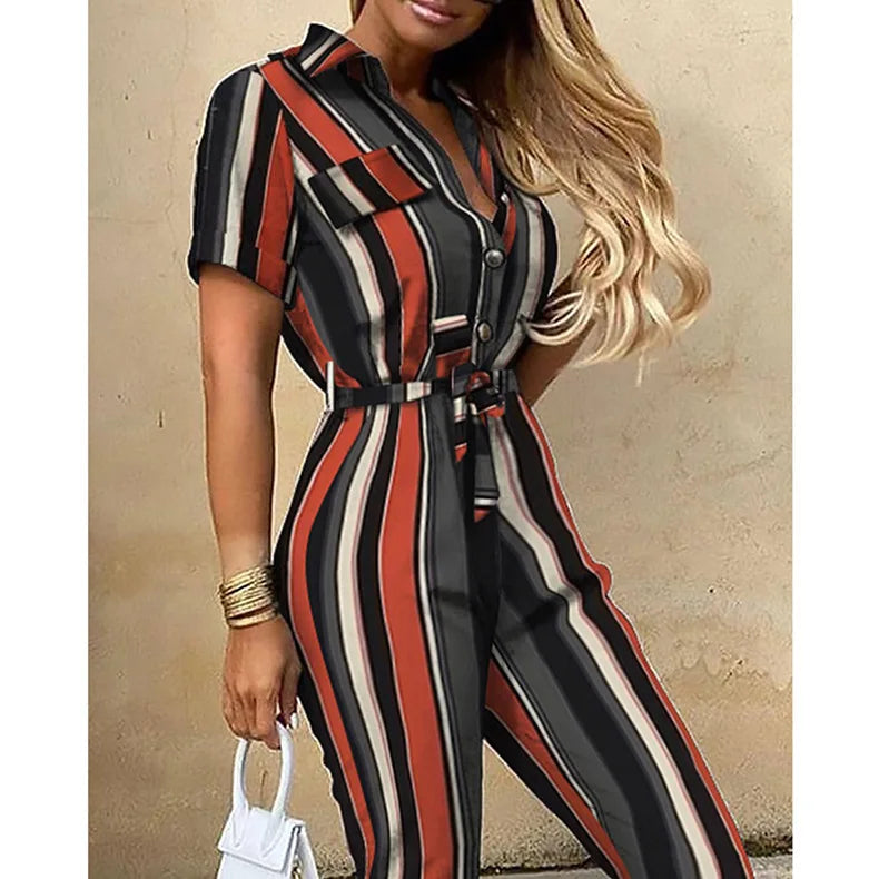 Amoura Elegance European & American Women's Casual Lapel Buckle Printed Belt Cargo Jumpsuit – Stylish Utility Fashion