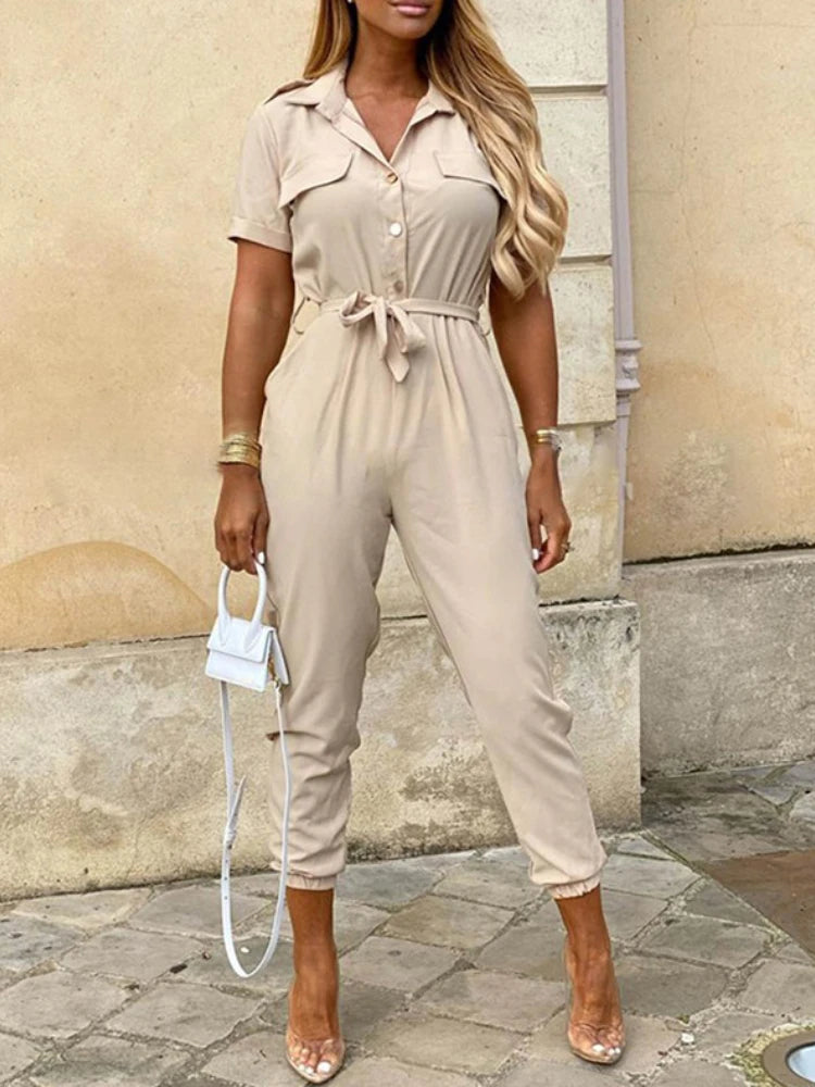 Amoura Elegance European & American Women's Casual Lapel Buckle Printed Belt Cargo Jumpsuit – Stylish Utility Fashion