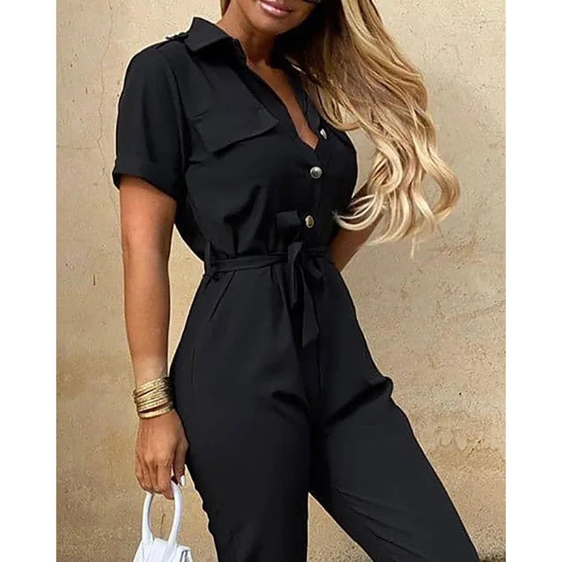 Amoura Elegance European & American Women's Casual Lapel Buckle Printed Belt Cargo Jumpsuit – Stylish Utility Fashion
