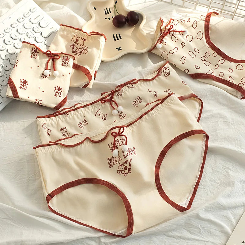 Amoura Elegance 5-Piece Women's Cute Cow Print Cotton Underwear Set - Mid-Waist, Plus-Size Lingerie Briefs