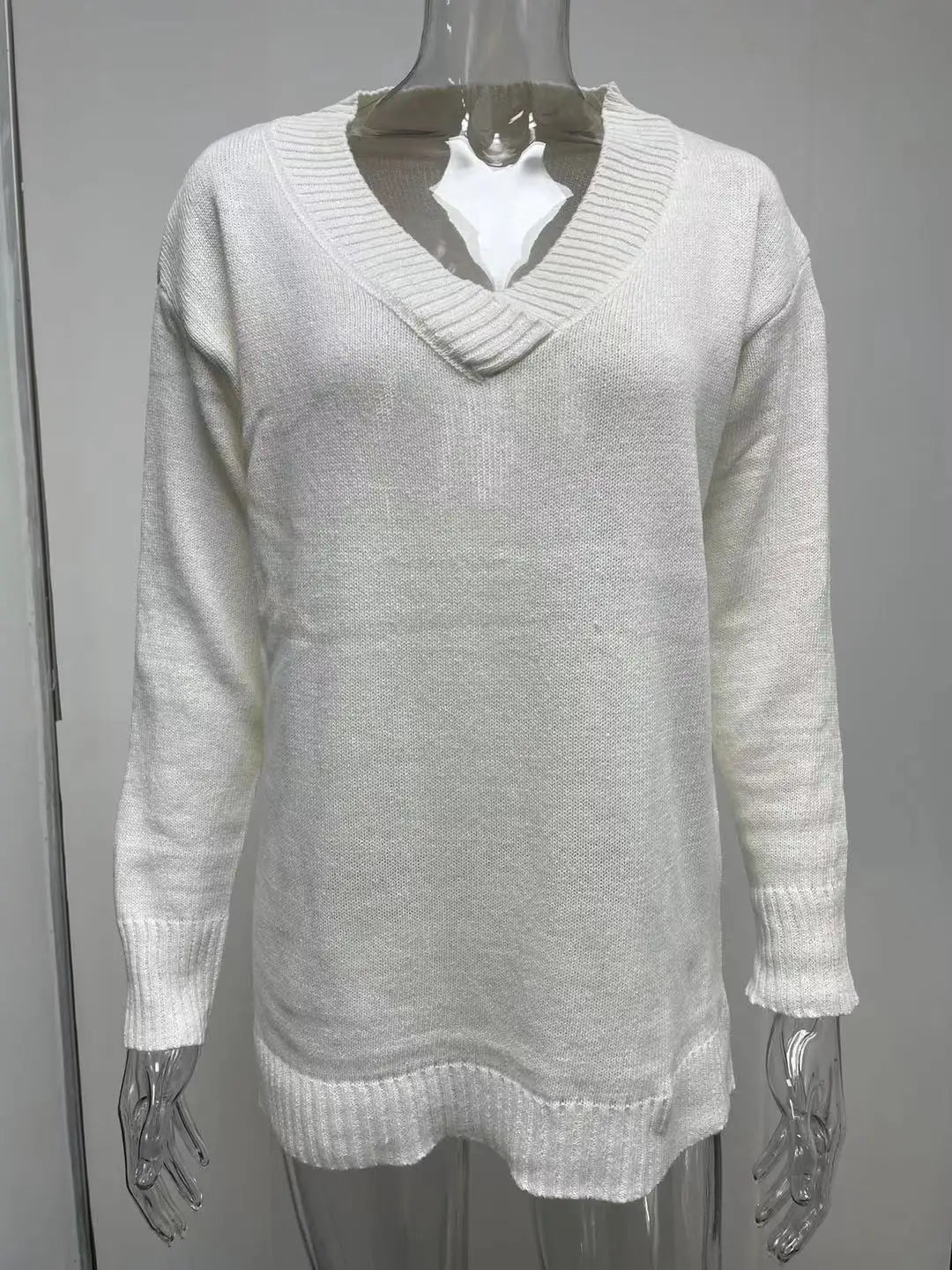 Amoura Elegance Fashion Europe and US 2024 Autumn/Winter Solid Color V-Neck Sweater Blouse – Casual Loose Fit Women's Top