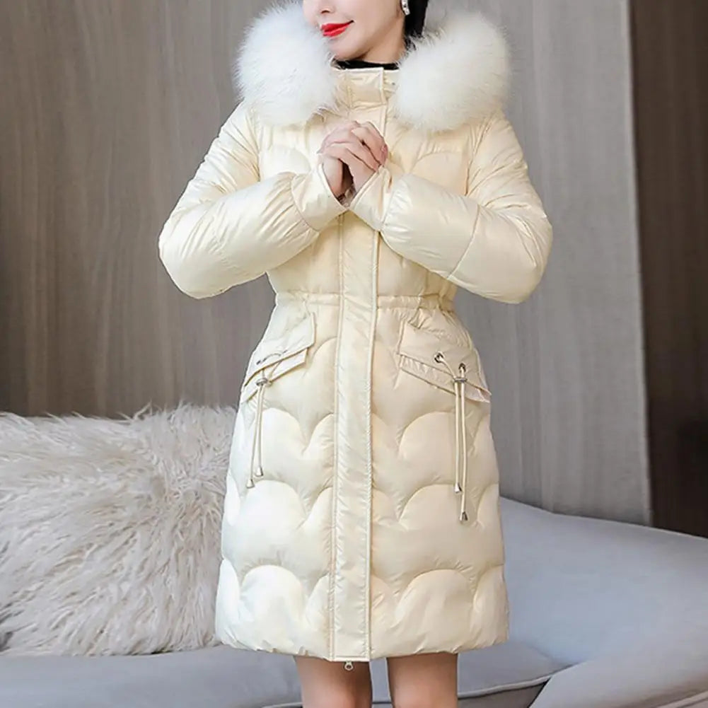 "Amoura Elegance Women's Winter Cotton Coat – Thickened Padded Faux Fur Hooded Mid-Length Slim Fit Windproof Outerwear for Cold Weather Comfort"