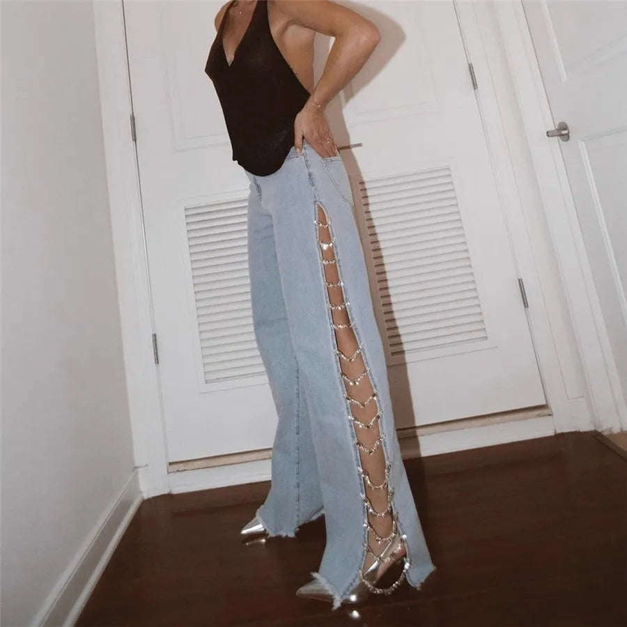 Amoura Elegance Women's Crystal Chain Y2K Wide Leg Baggy Jeans – High Waist Hollow Out Denim Trousers with Side Split