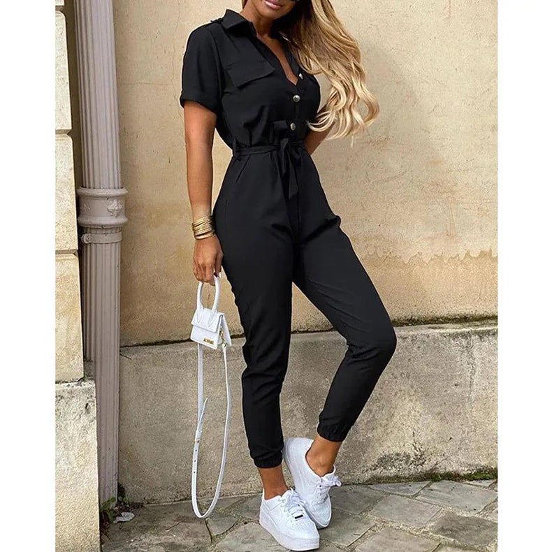 Amoura Elegance European & American Women's Casual Lapel Buckle Printed Belt Cargo Jumpsuit – Stylish Utility Fashion