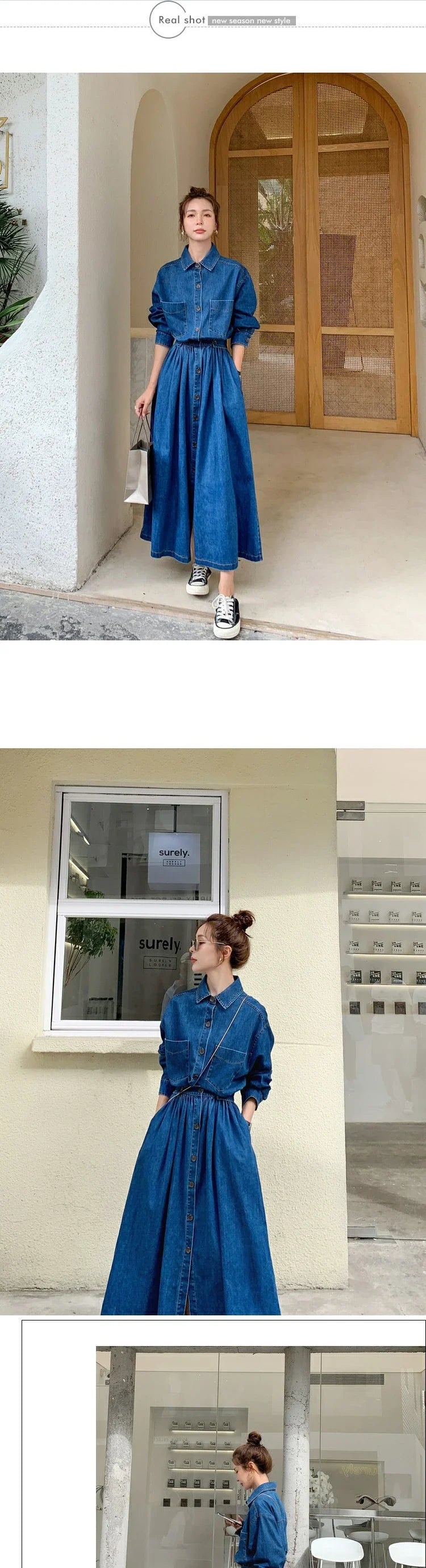 Amoura Elegance Blue Denim Vintage Long Dress – Korean Fashion Autumn Single-Breasted Loose Streetwear