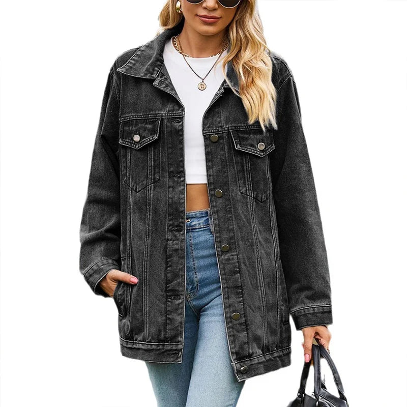 Amoura Elegance Women's Vintage Denim Jacket – Loose Lapel Single-Breasted Cardigan Coat for Autumn Winter Casual Commuter Style 2023