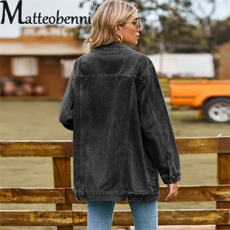 Amoura Elegance Women's Vintage Denim Jacket – Loose Lapel Single-Breasted Cardigan Coat for Autumn Winter Casual Commuter Style 2023