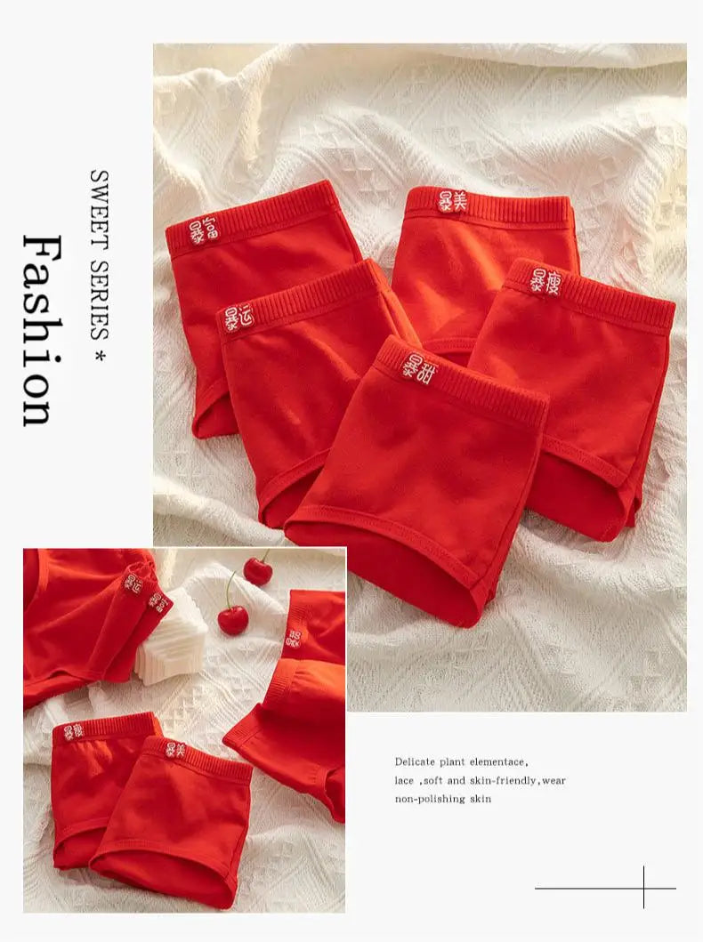 5-Piece Women's Cotton Underwear Set - Breathable Red Panties, Solid Color Sexy Intimates from Amoura Elegance
