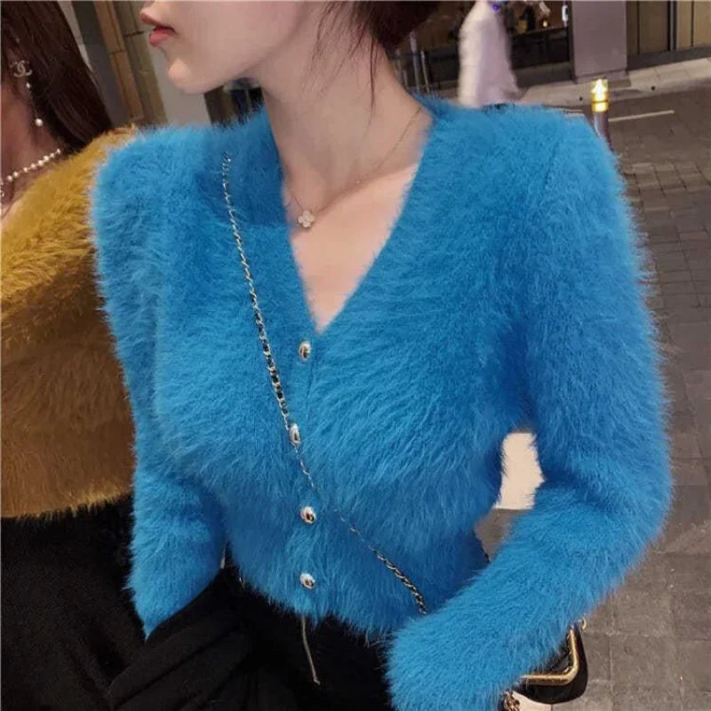 Amoura Elegance Women's V-Neck Cropped Mohair Cardigan – Retro Casual Oversized Knitted Sweater Jacket