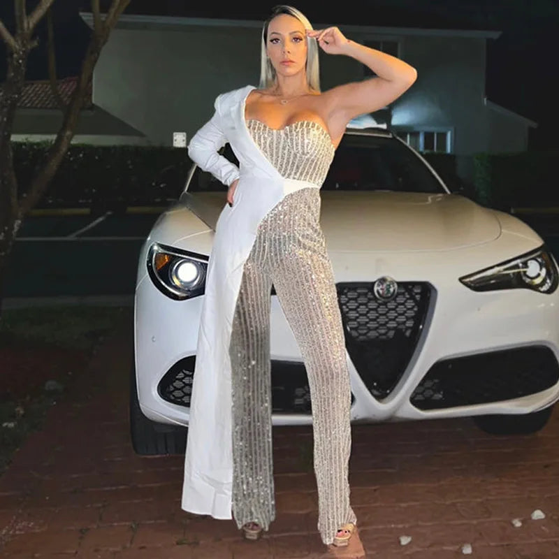 Amoura Elegance European & American Women's Silver Splicing Sequin One-Shoulder Jumpsuit – Glamorous Evening Wear