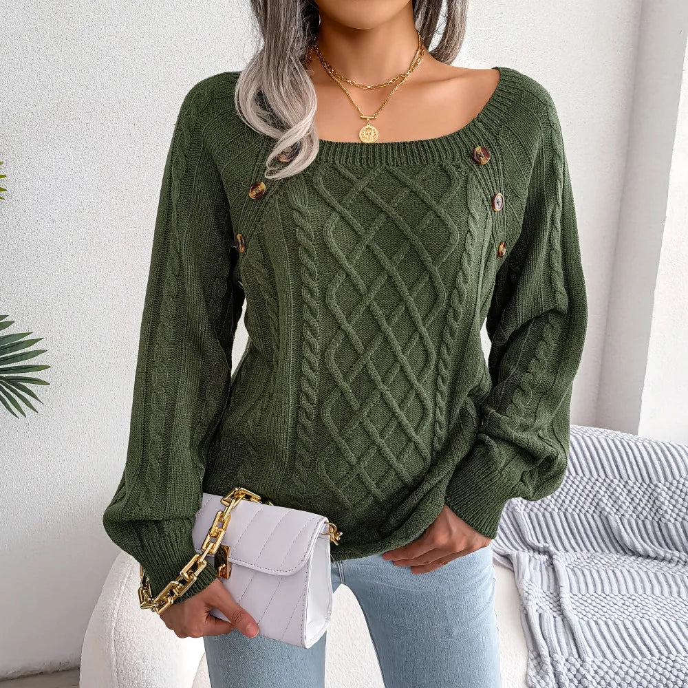 Amoura Elegance Women's 2024 Autumn/Winter Casual Square Collar Nail Buckle Twist Knitted Pullover Sweater – Chic & Cozy Knitwear