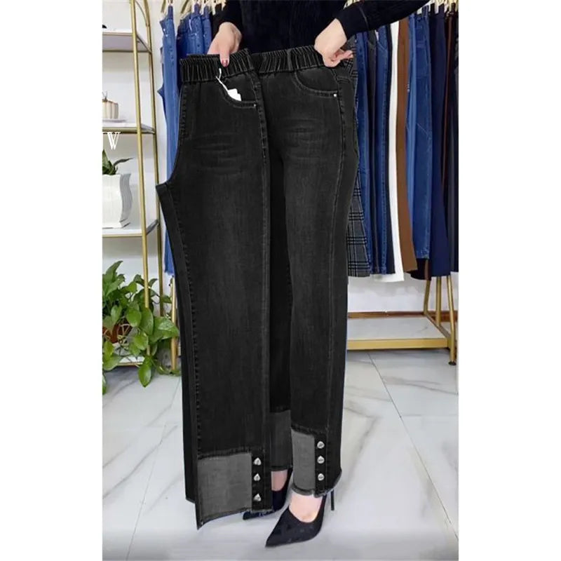 Women's Spring & Autumn Stretch Waist Straight Denim Pants – Large Size, Loose High-Waist Casual Jeans in Black & Blue | Amoura Elegance