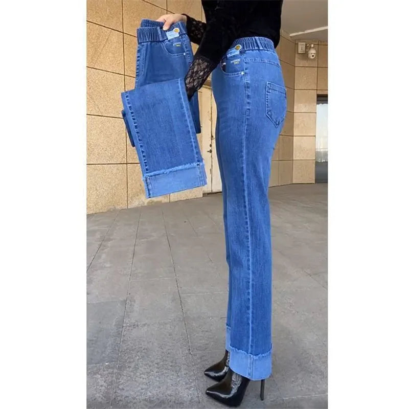 Women's Spring & Autumn Stretch Waist Straight Denim Pants – Large Size, Loose High-Waist Casual Jeans in Black & Blue | Amoura Elegance