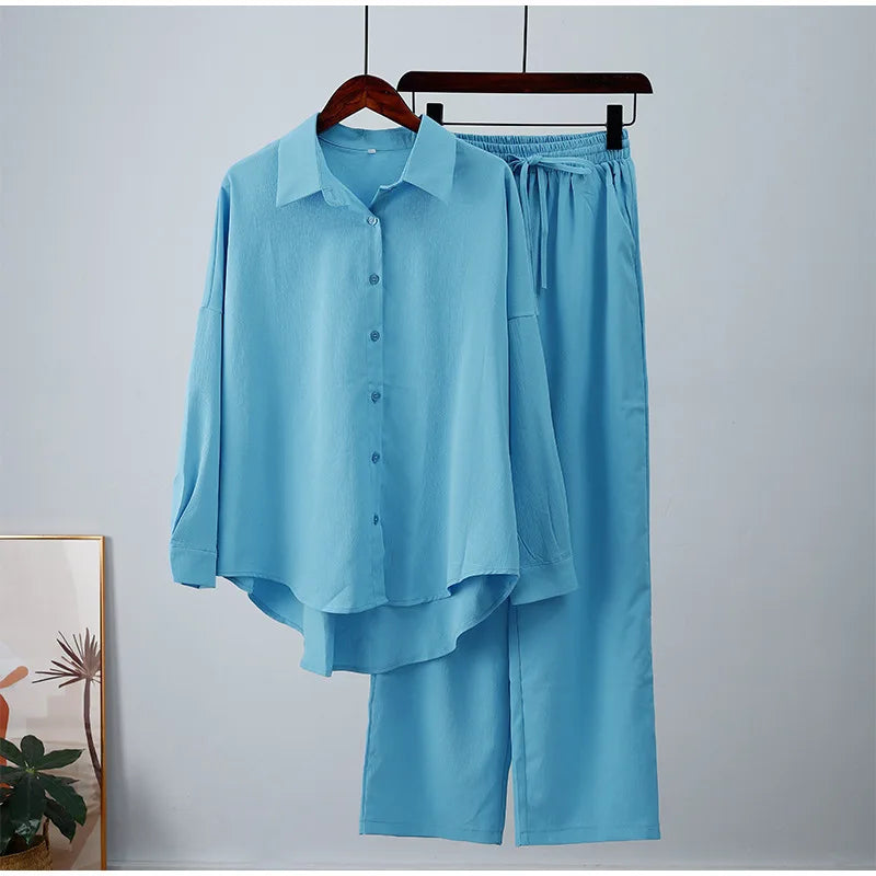 Amoura Elegance Europe & U.S. Autumn & Winter Long-Sleeved Shirt and Wide-Leg Pants Casual Suit – Modern Comfort Style