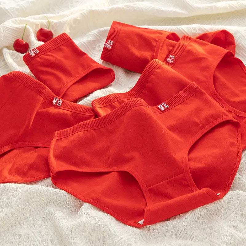 5-Piece Women's Cotton Underwear Set - Breathable Red Panties, Solid Color Sexy Intimates from Amoura Elegance