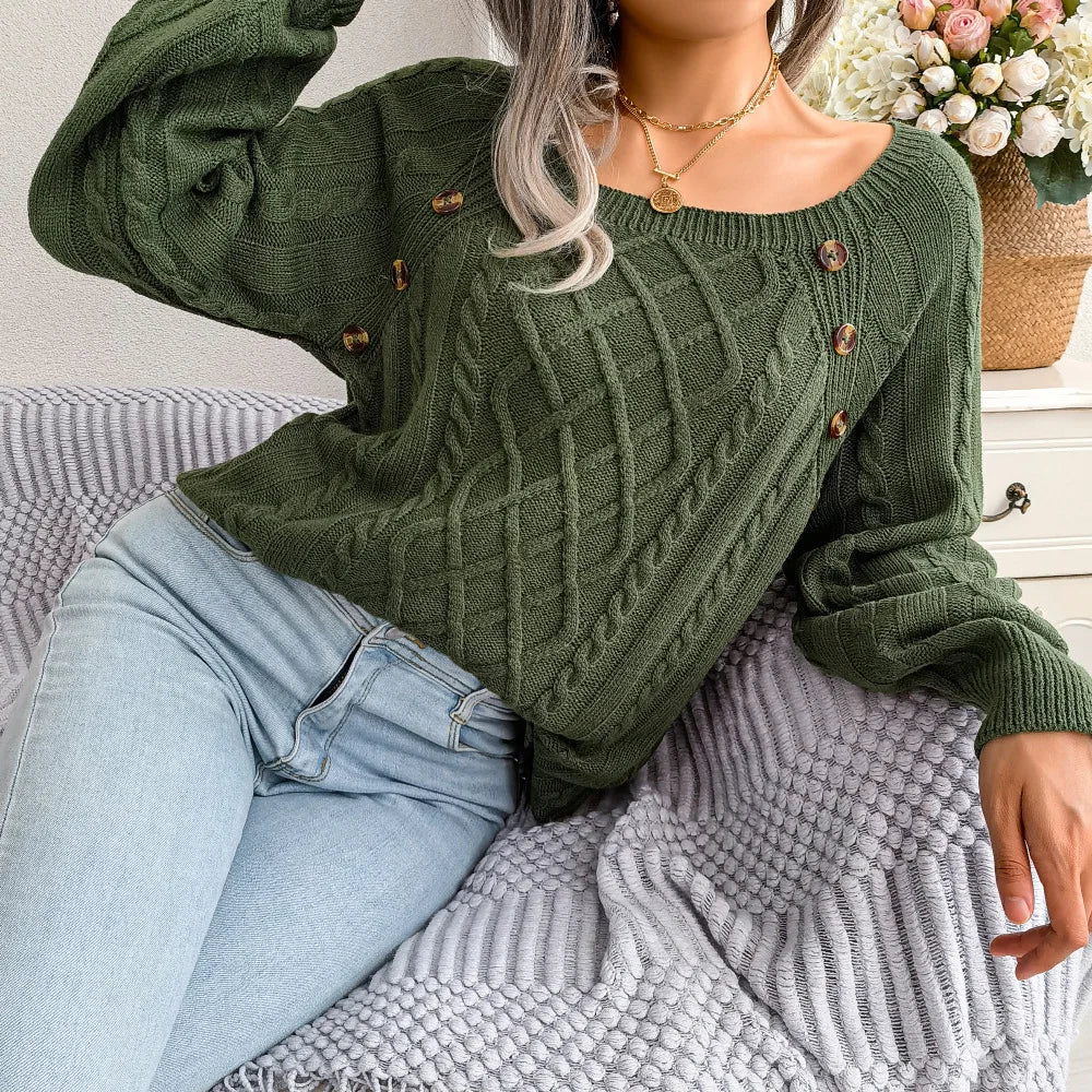 Amoura Elegance Women's 2024 Autumn/Winter Casual Square Collar Nail Buckle Twist Knitted Pullover Sweater – Chic & Cozy Knitwear