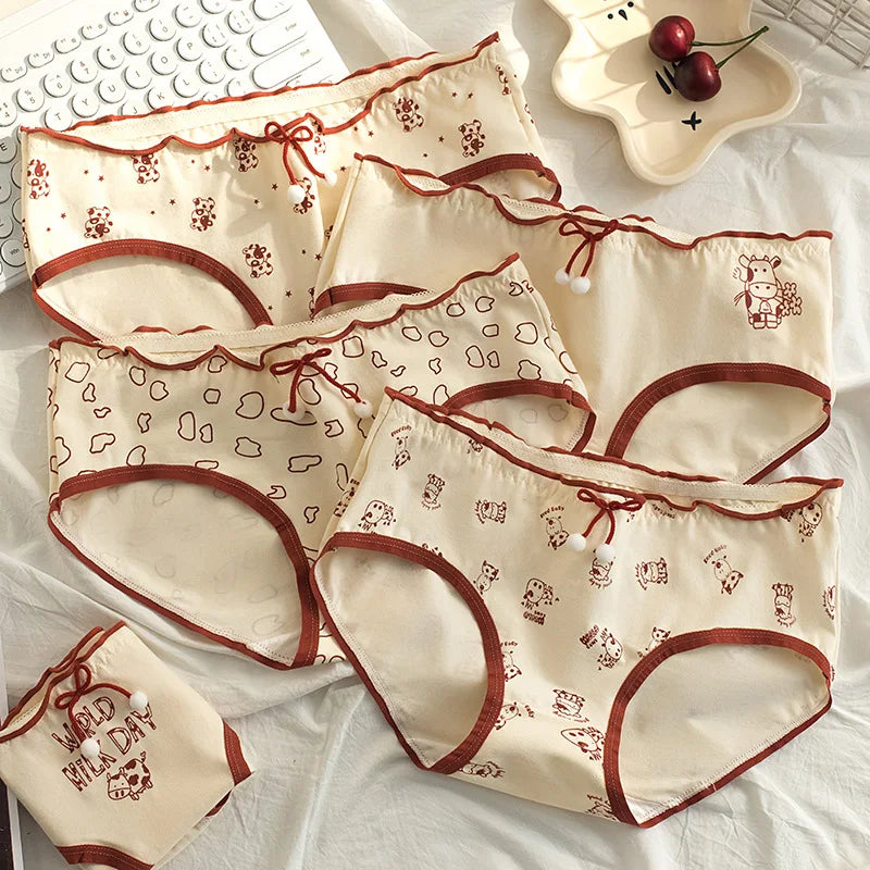 Amoura Elegance 5-Piece Women's Cute Cow Print Cotton Underwear Set - Mid-Waist, Plus-Size Lingerie Briefs