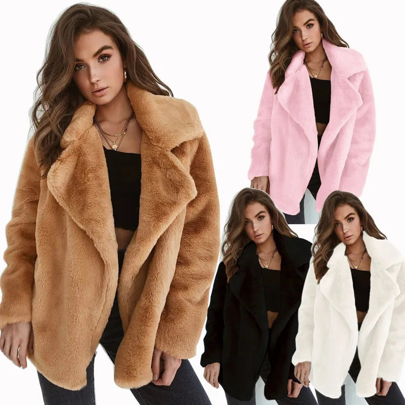 "Amoura Elegance Women's Plush Lapel Slim-Fit Jacket – European & American Fashion Sexy Autumn/Winter Outerwear for Stylish Comfort"