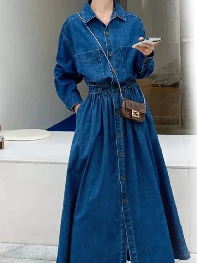 Amoura Elegance Blue Denim Vintage Long Dress – Korean Fashion Autumn Single-Breasted Loose Streetwear