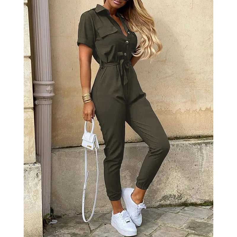 Amoura Elegance European & American Women's Casual Lapel Buckle Printed Belt Cargo Jumpsuit – Stylish Utility Fashion