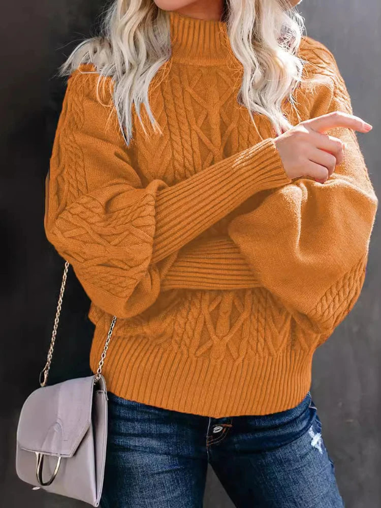 Amoura Elegance 2024 Winter New Mid-Neck Sweater – Women’s Loose Long Sleeve Solid Color Knit Turtleneck for Office and Casual Wear
