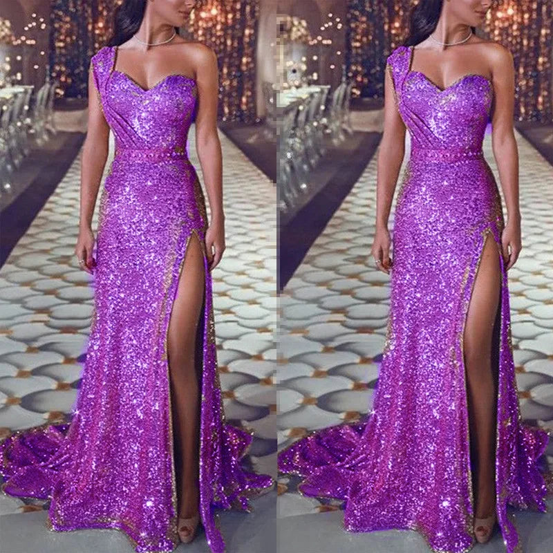 Amoura Elegance European & American Women's Sexy One-Shoulder Sleeveless Gold Slit Long Dress