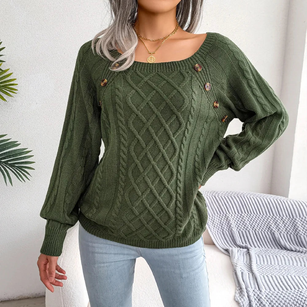 Amoura Elegance Women's 2024 Autumn/Winter Casual Square Collar Nail Buckle Twist Knitted Pullover Sweater – Chic & Cozy Knitwear