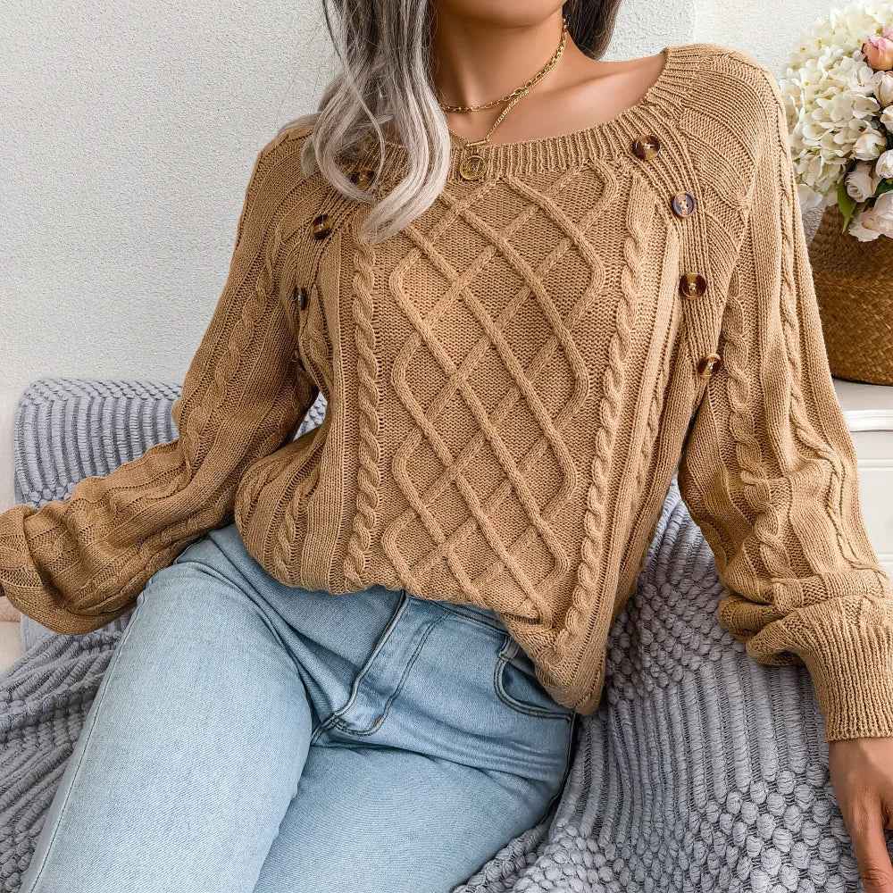 Amoura Elegance Women's 2024 Autumn/Winter Casual Square Collar Nail Buckle Twist Knitted Pullover Sweater – Chic & Cozy Knitwear