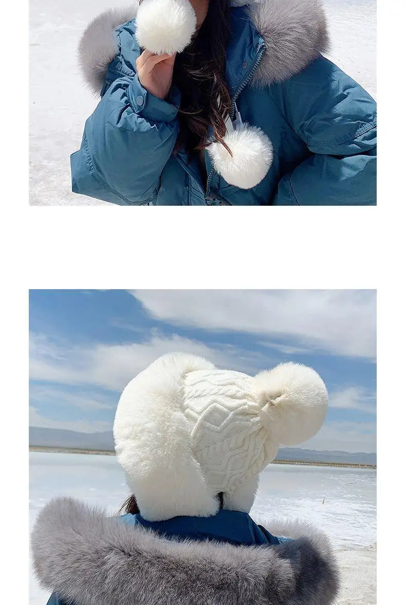 Amoura Elegance Women’s Imitation Rabbit Fur Thermal Winter Hat – Cute Thick White Plush Hat with Fluffy Ball and Earflaps