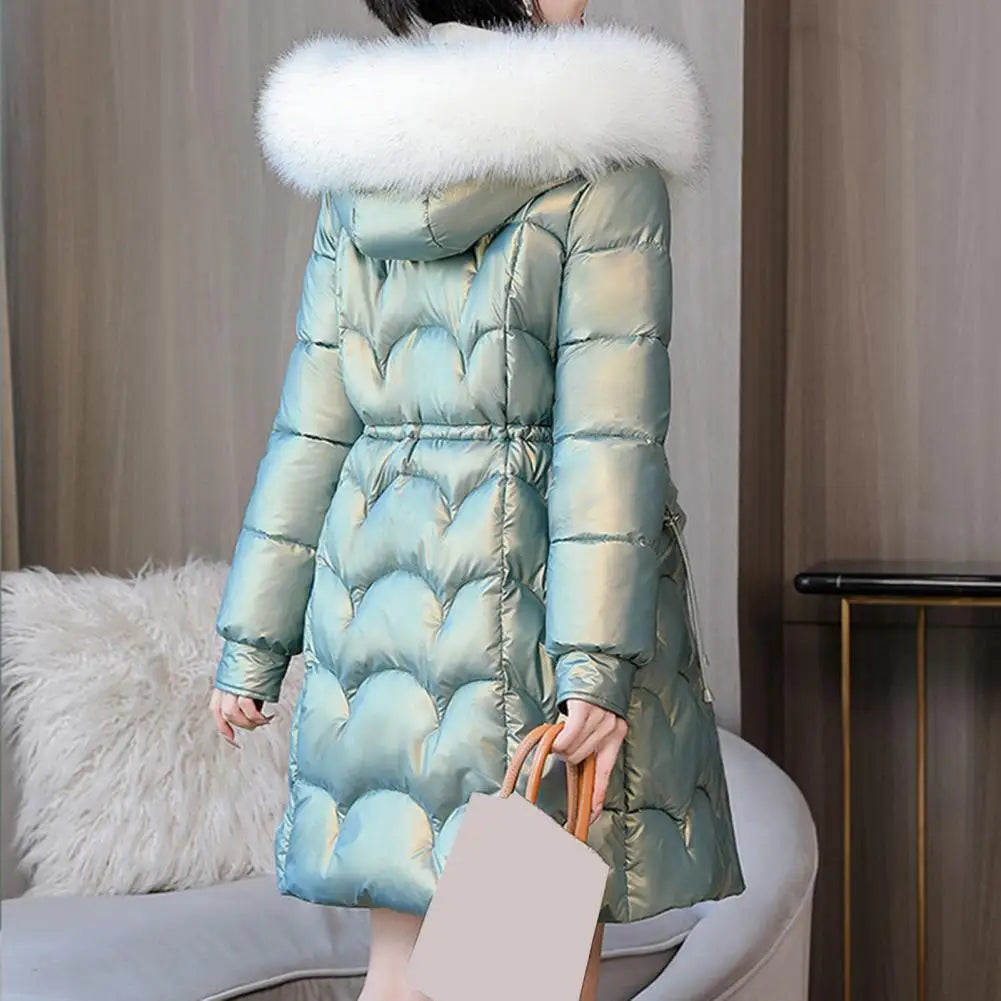"Amoura Elegance Women's Winter Cotton Coat – Thickened Padded Faux Fur Hooded Mid-Length Slim Fit Windproof Outerwear for Cold Weather Comfort"