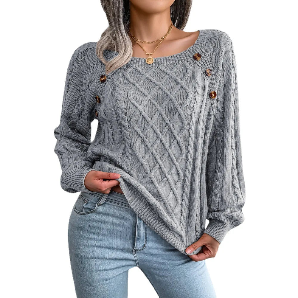 Amoura Elegance Women's 2024 Autumn/Winter Casual Square Collar Nail Buckle Twist Knitted Pullover Sweater – Chic & Cozy Knitwear