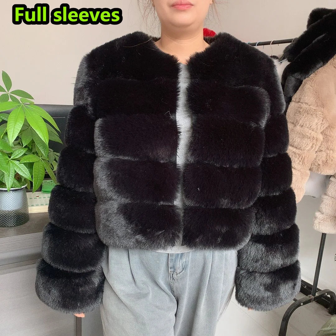 Amoura Elegance Women's Faux Fur Coat – Short Fluffy Jacket, High-Quality Faux Fox Fur, Stylish Winter Warmth Shor Sleeve( 50 cm)