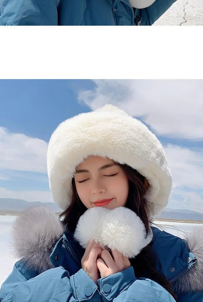 Amoura Elegance Women’s Imitation Rabbit Fur Thermal Winter Hat – Cute Thick White Plush Hat with Fluffy Ball and Earflaps