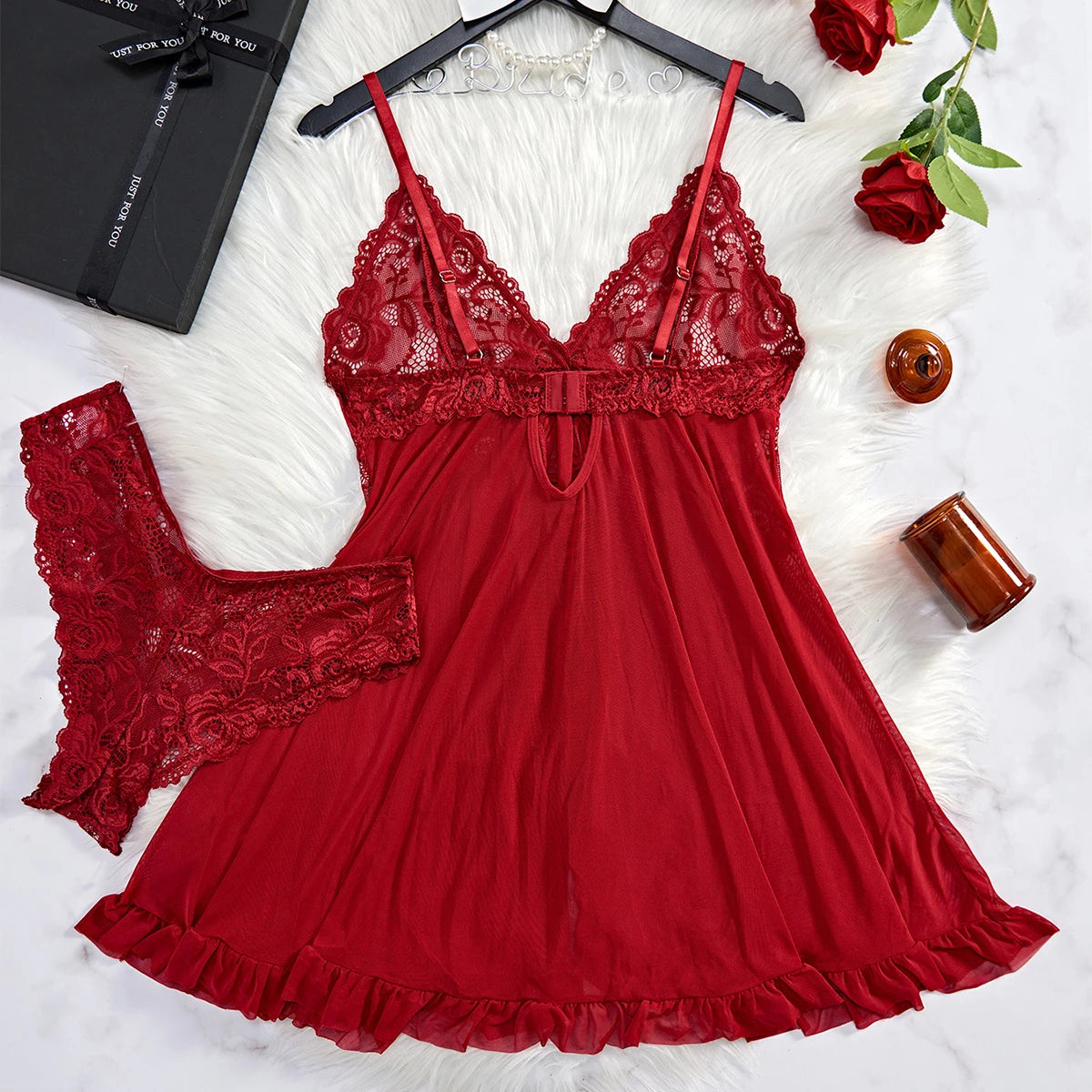 Amoura Elegance|Sexy Lace Chemise Nightdress - Plus Size Deep V Babydoll Lingerie & Sleepwear |