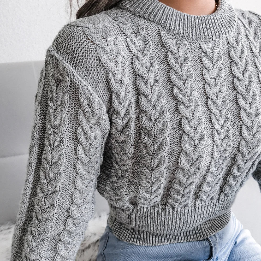 Amoura Elegance Women’s 2024 Autumn/Winter Twist Knitted Pullover – Solid Color Crew Neck, Long-Sleeve Sexy Babes Waist-Fitting Sweater