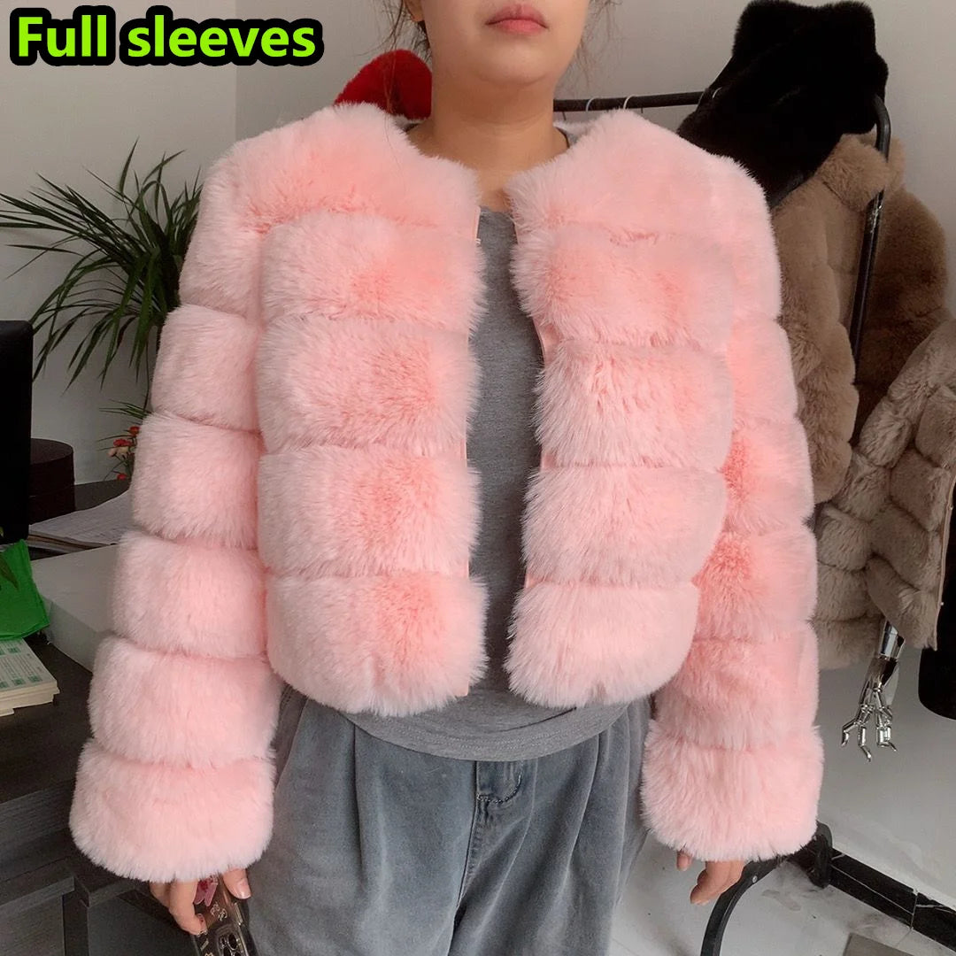 Amoura Elegance Women's Faux Fur Coat – Short Fluffy Jacket, High-Quality Faux Fox Fur, Stylish Winter Warmth Shor Sleeve( 50 cm)