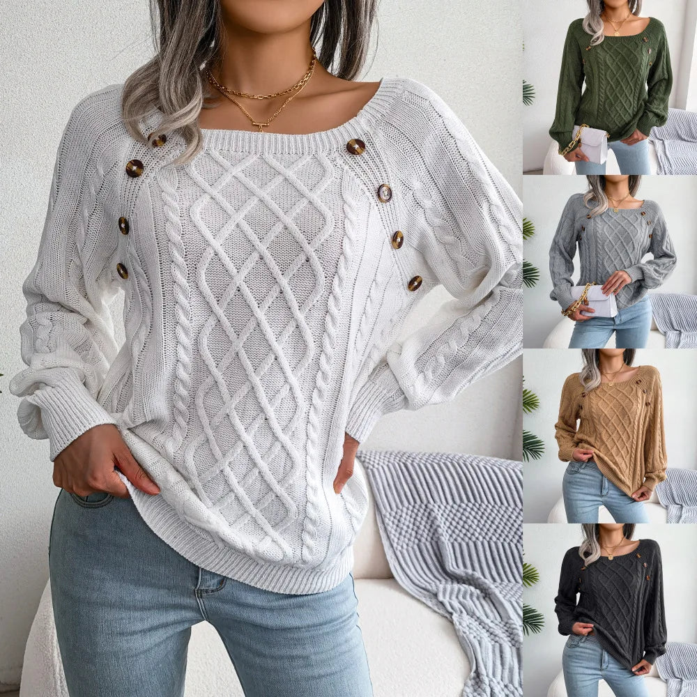 Amoura Elegance Women's 2024 Autumn/Winter Casual Square Collar Nail Buckle Twist Knitted Pullover Sweater – Chic & Cozy Knitwear