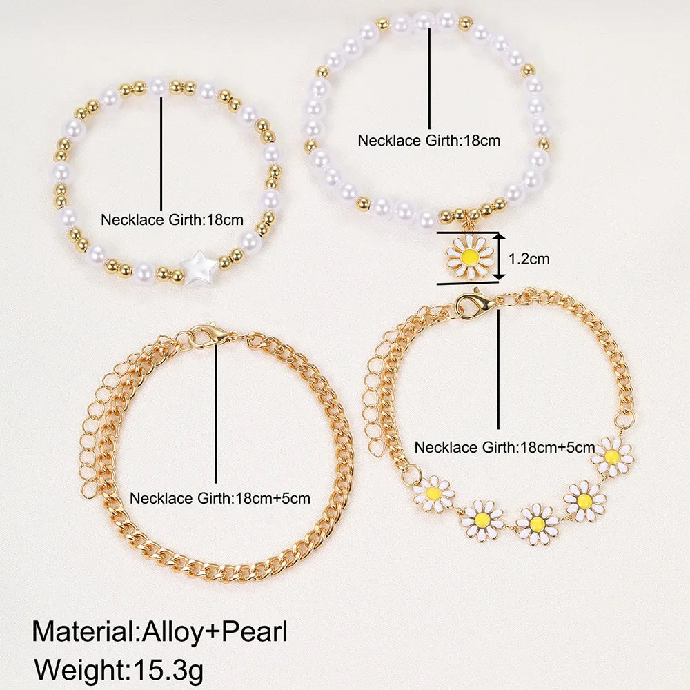 "Amoura Elegance 4-Piece Vintage Daisy Flower & Faux Pearl Bracelet Set – Bohemian Beaded Enamel Star Stackable Jewelry for Women"