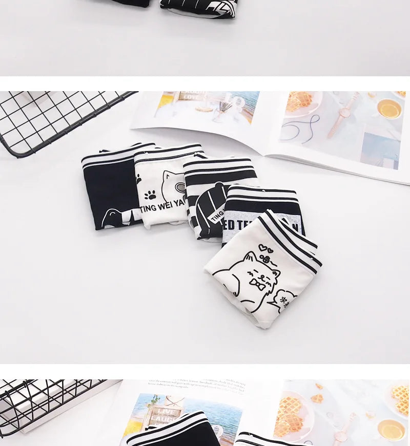 "Women's knickers in black and white, featuring playful star and cat cartoons, available in a convenient pack of 5."
