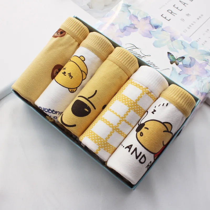 "Women's yellow and orange briefs pack of 5, featuring a playful cartoon cat design for added charm."