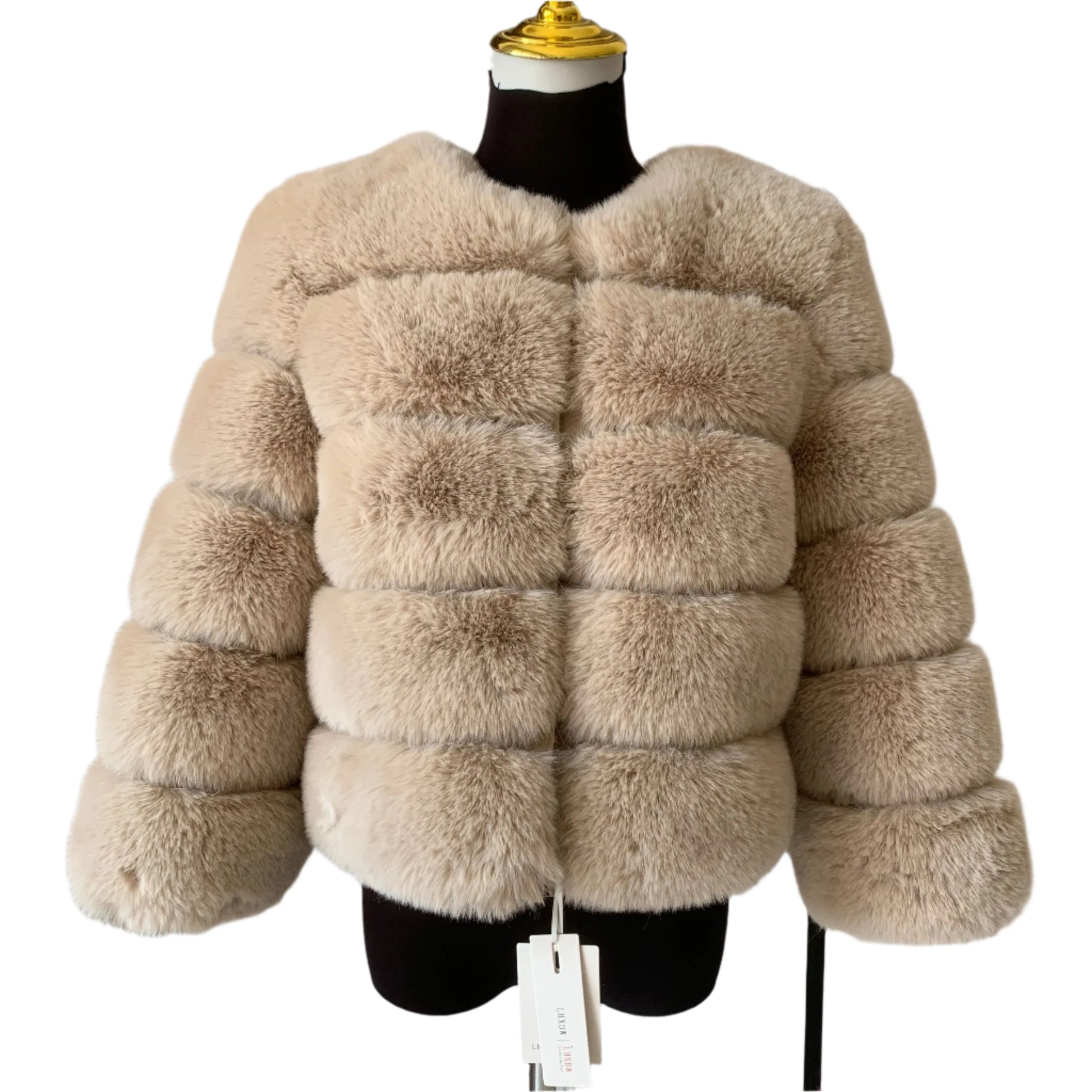 "Amoura Elegance women's short faux fur coat in luxurious cream color. High-quality, fluffy faux fox fur jacket, designed for autumn and winter. Fashionable and cozy with a 60 cm length,  7XL."