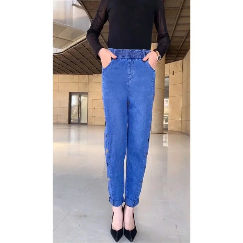 Amoura Elegance Women's Autumn Winter Embroidered Stretch Waist Denim Pants – Cozy, Stylish, and Perfect Fit Jeans for Cold Weather Comfort & Elegance
