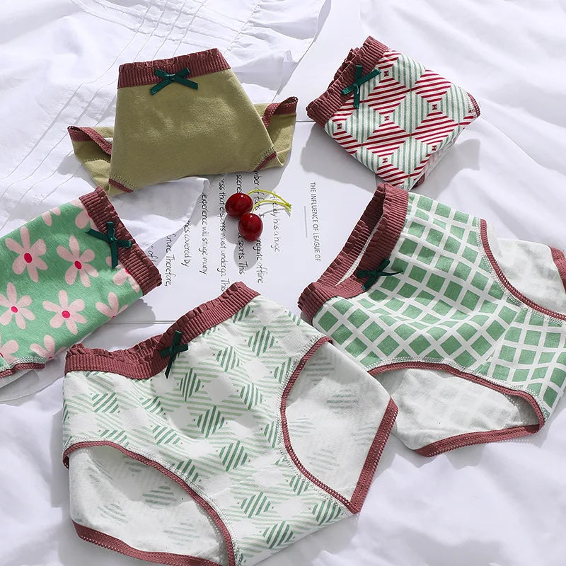 5-Piece Women's Cotton Briefs Set with Cute Big Red Bow - Soft, Breathable, and Stylish Underwear from Amoura Elegance