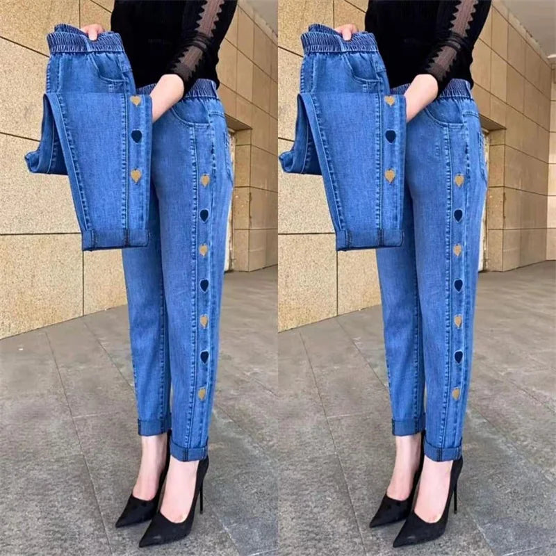 Amoura Elegance Women's Autumn Winter Embroidered Stretch Waist Denim Pants – Cozy, Stylish, and Perfect Fit Jeans for Cold Weather Comfort & Elegance