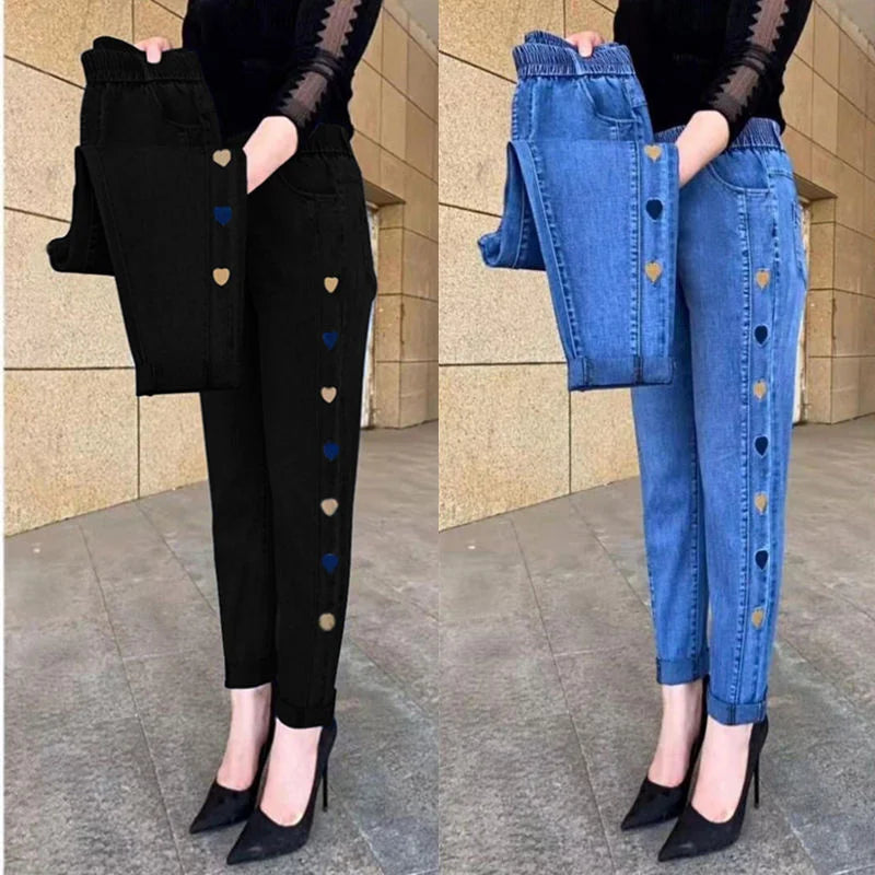 Amoura Elegance Women's Autumn Winter Embroidered Stretch Waist Denim Pants – Cozy, Stylish, and Perfect Fit Jeans for Cold Weather Comfort & Elegance