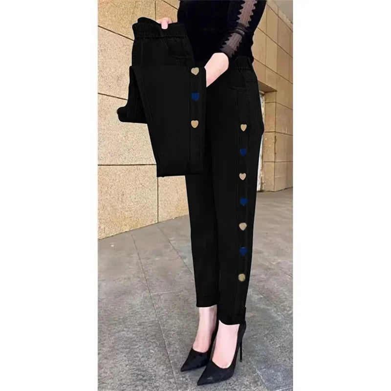 Amoura Elegance Women's Autumn Winter Embroidered Stretch Waist Denim Pants – Cozy, Stylish, and Perfect Fit Jeans for Cold Weather Comfort & Elegance