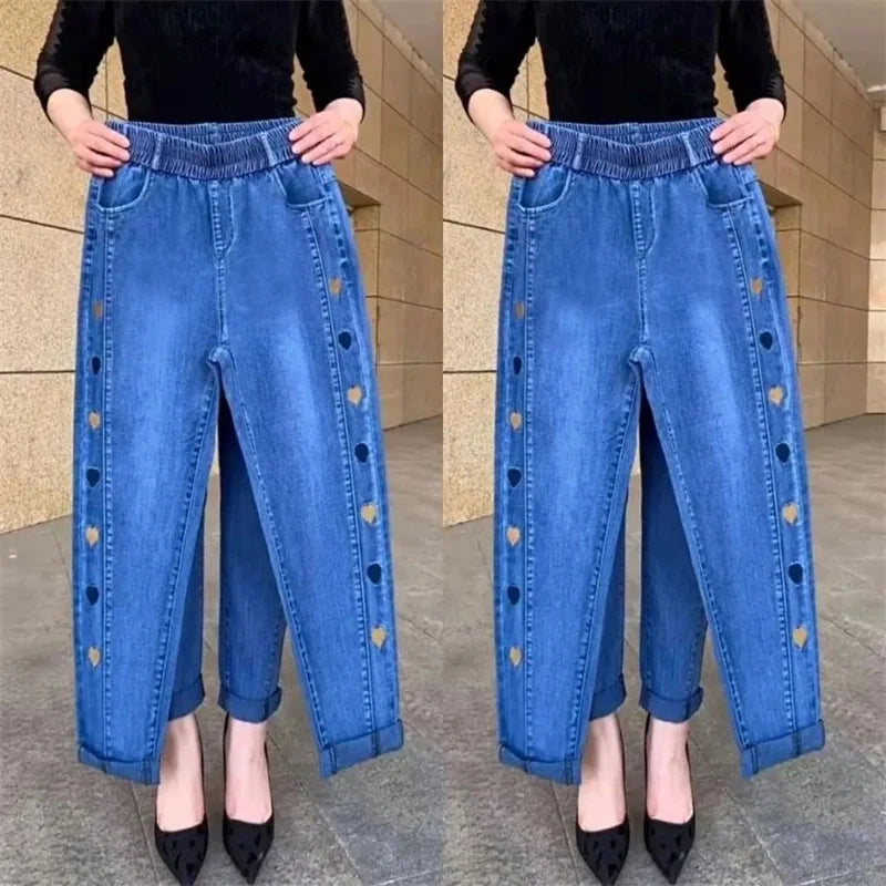Amoura Elegance Women's Autumn Winter Embroidered Stretch Waist Denim Pants – Cozy, Stylish, and Perfect Fit Jeans for Cold Weather Comfort & Elegance