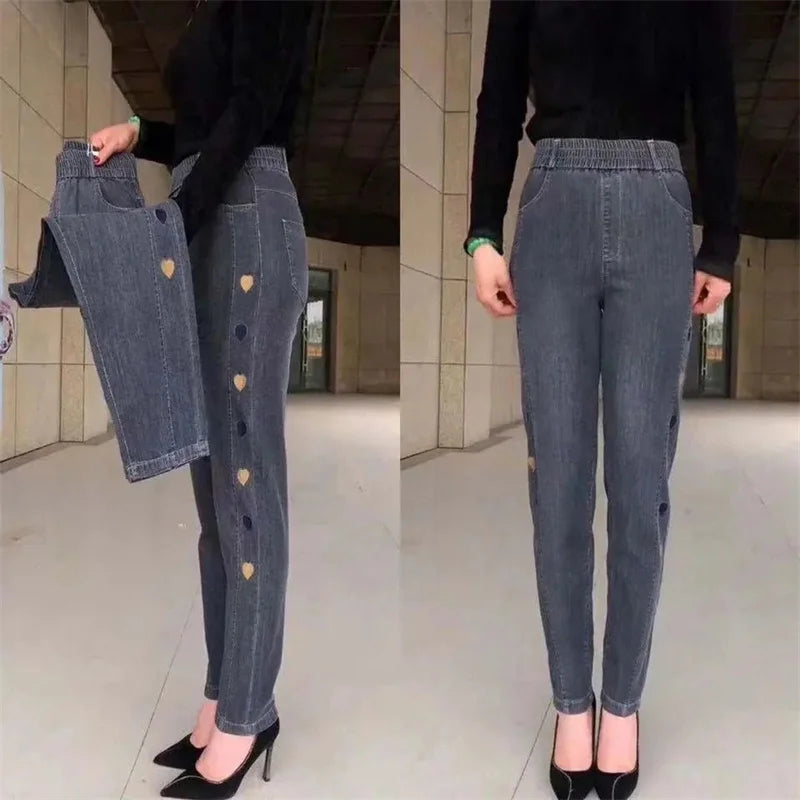 Amoura Elegance Women's Autumn Winter Embroidered Stretch Waist Denim Pants – Cozy, Stylish, and Perfect Fit Jeans for Cold Weather Comfort & Elegance